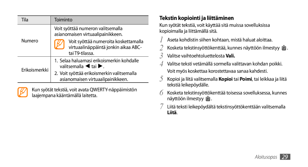 Samsung GT-S5750TIENEE, GT-S5750HKENEE, GT-S5750PWENEE Tekstin kopiointi ja liittäminen, Tai T9-tilassa, Valitsemalla tai 