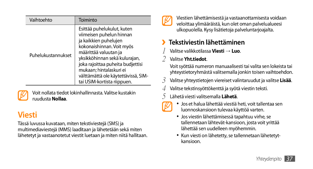 Samsung GT-S5750PWENEE, GT-S5750HKENEE, GT-S5750TIENEE manual Viesti, ››Tekstiviestin lähettäminen, Valitse Yht.tiedot 