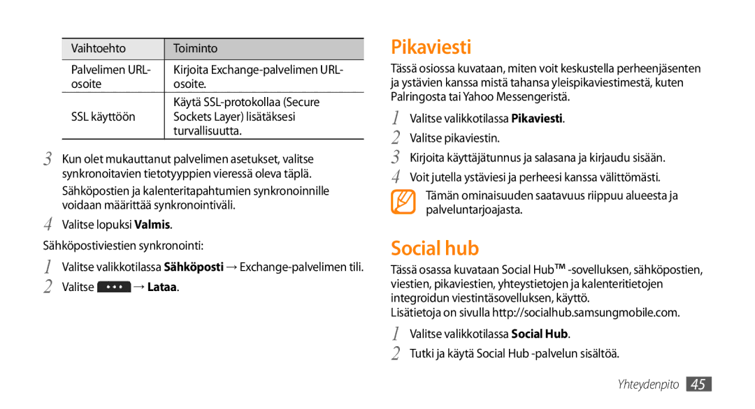 Samsung GT-S5750HKENEE Pikaviesti, Social hub, Valitse lopuksi Valmis Sähköpostiviestien synkronointi, Valitse → Lataa 