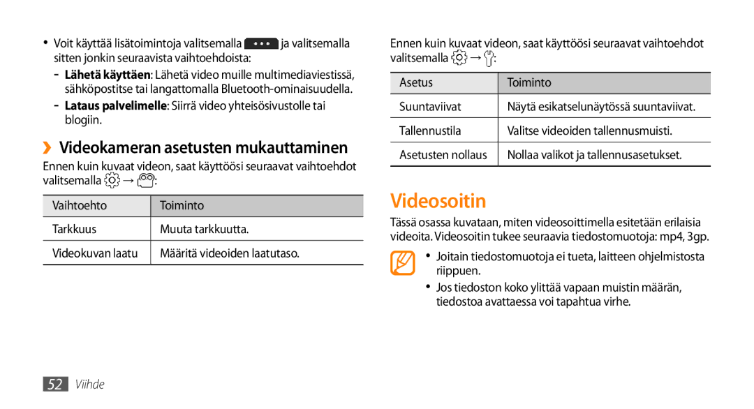 Samsung GT-S5750PWENEE manual Videosoitin, Määritä videoiden laatutaso, Tallennustila Valitse videoiden tallennusmuisti 