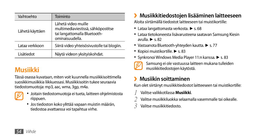 Samsung GT-S5750HKENEE, GT-S5750PWENEE manual ››Musiikkitiedostojen lisääminen laitteeseen, ››Musiikin soittaminen 