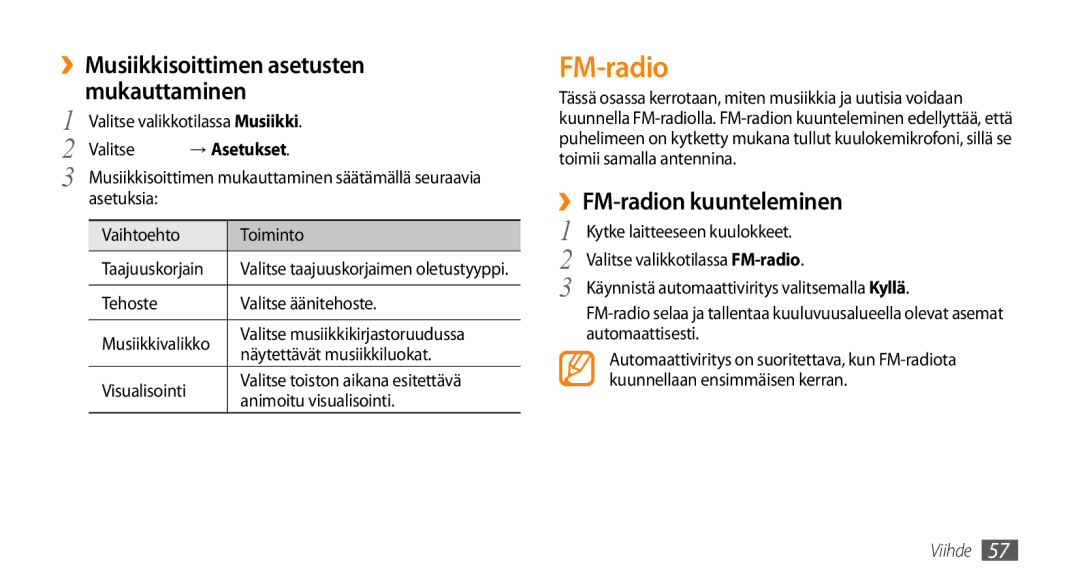 Samsung GT-S5750HKENEE manual ››Musiikkisoittimen asetusten Mukauttaminen, ››FM-radion kuunteleminen, → Asetukset 