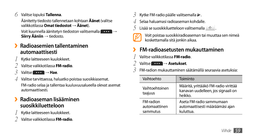 Samsung GT-S5750TIENEE ››Radioasemien tallentaminen Automaattisesti, ››Radioaseman lisääminen, Suosikkiluetteloon, → Hae 