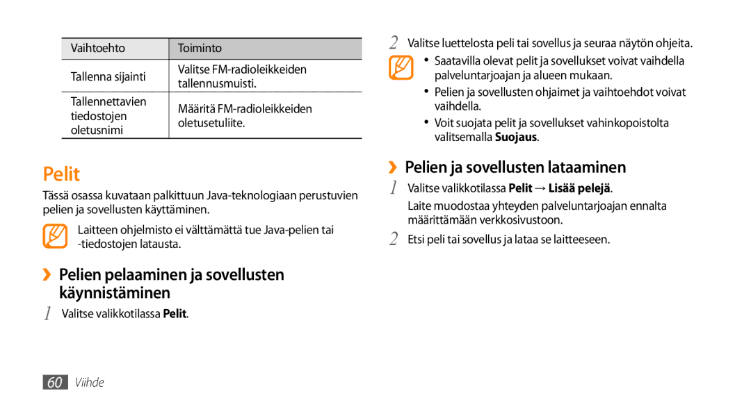 Samsung GT-S5750HKENEE manual Pelit, ››Pelien pelaaminen ja sovellusten käynnistäminen, ››Pelien ja sovellusten lataaminen 