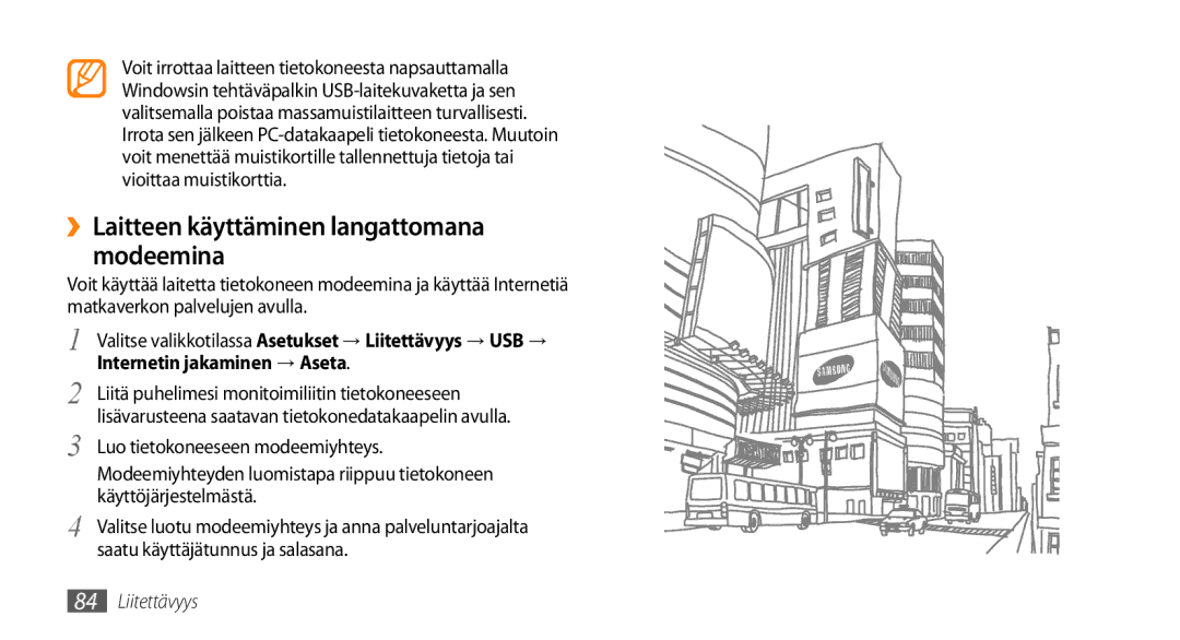 Samsung GT-S5750HKENEE, GT-S5750PWENEE, GT-S5750TIENEE manual ››Laitteen käyttäminen langattomana modeemina 