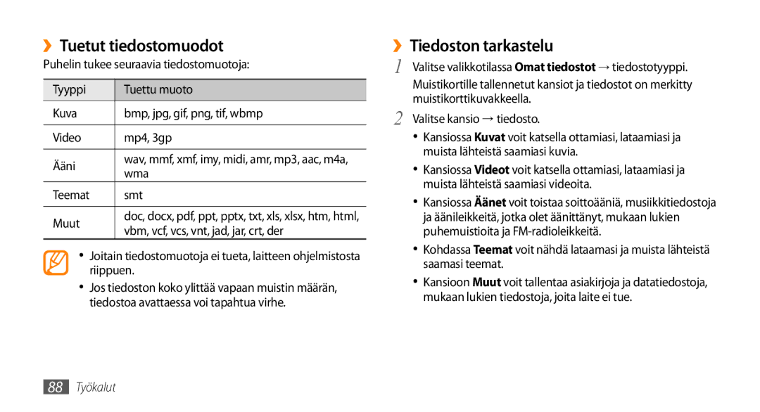 Samsung GT-S5750PWENEE, GT-S5750HKENEE, GT-S5750TIENEE manual ››Tuetut tiedostomuodot, ››Tiedoston tarkastelu, Wma 