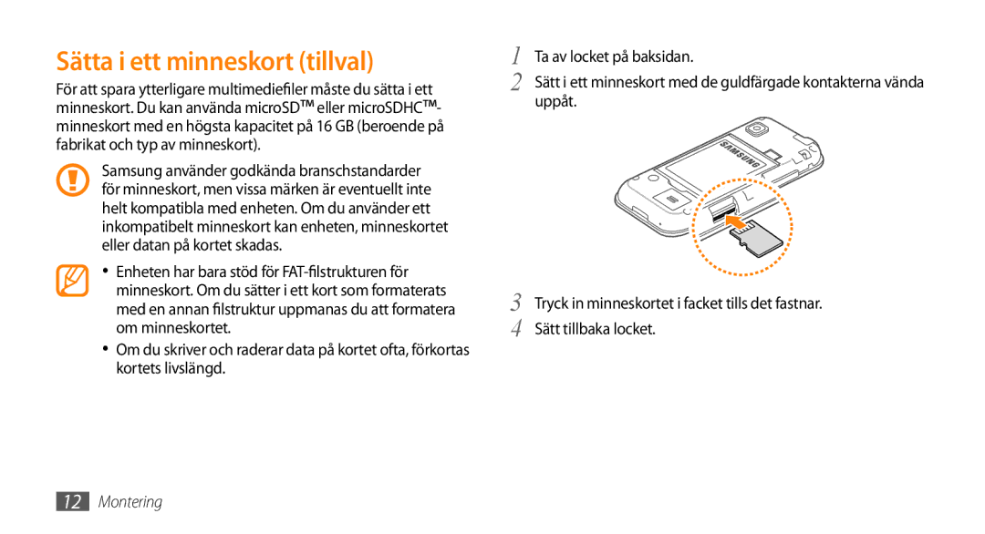 Samsung GT-S5750HKENEE, GT-S5750PWENEE, GT-S5750TIENEE manual Sätta i ett minneskort tillval 