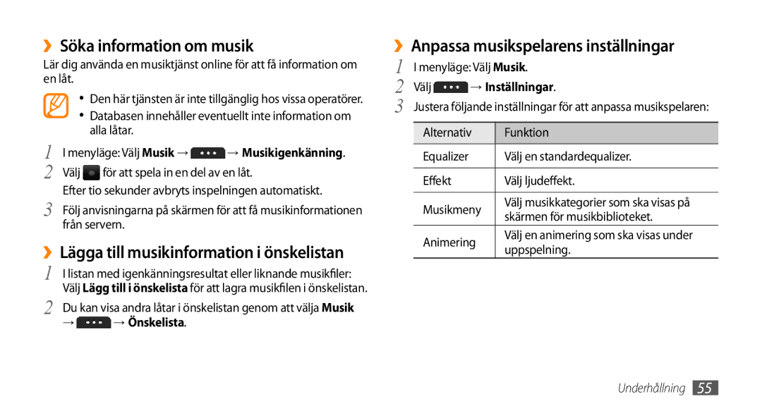 Samsung GT-S5750PWENEE manual ››Söka information om musik, ››Lägga till musikinformation i önskelistan, → → Önskelista 