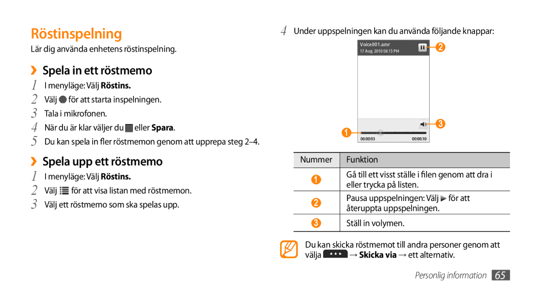 Samsung GT-S5750TIENEE, GT-S5750HKENEE, GT-S5750PWENEE Röstinspelning, ››Spela in ett röstmemo, ››Spela upp ett röstmemo 