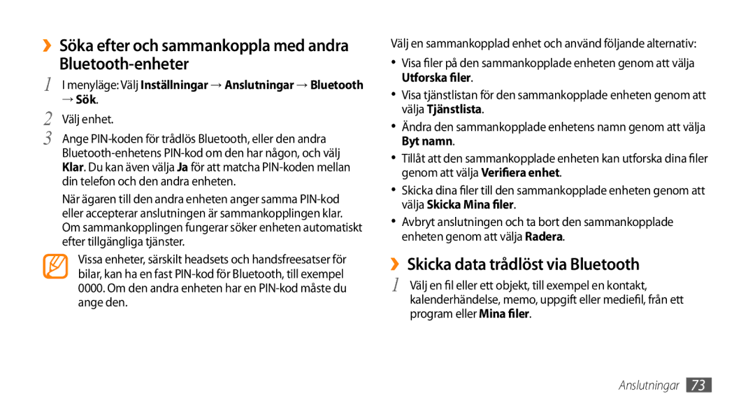 Samsung GT-S5750PWENEE, GT-S5750HKENEE manual Bluetooth-enheter, ››Skicka data trådlöst via Bluetooth, → Sök, Välj enhet 