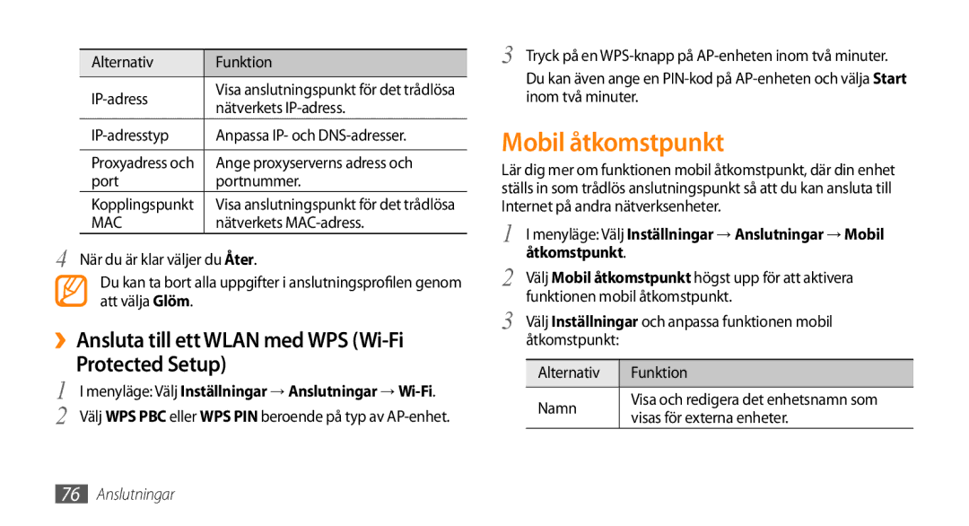 Samsung GT-S5750PWENEE, GT-S5750HKENEE manual Mobil åtkomstpunkt, ››Ansluta till ett Wlan med WPS Wi-Fi Protected Setup 