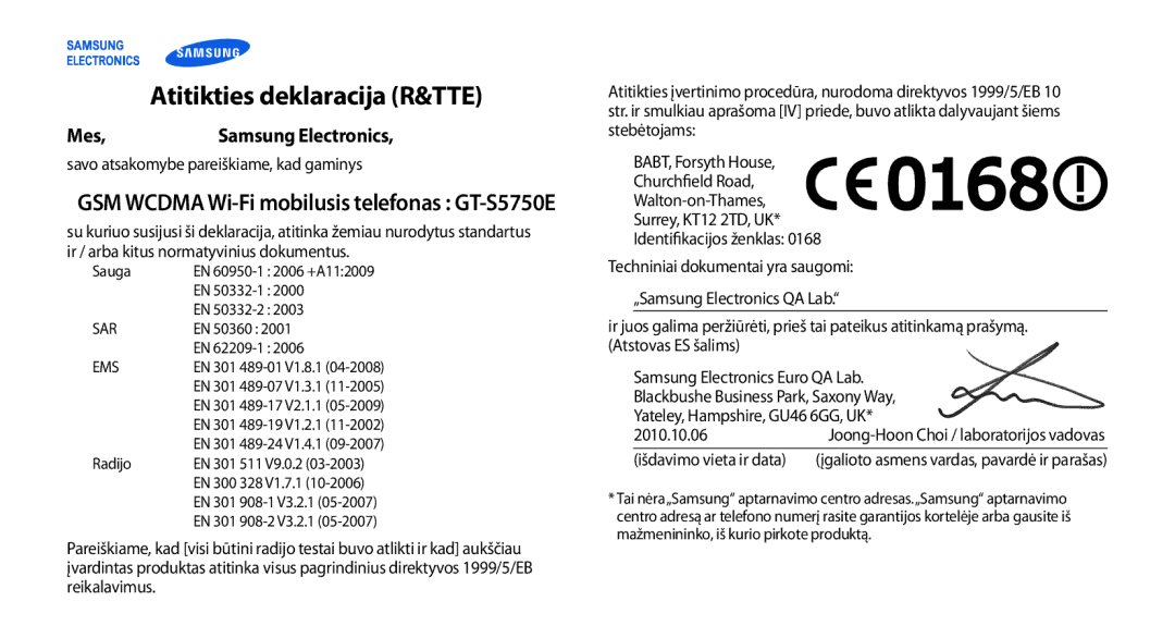 Samsung GT-S5750TIESEB, GT-S5750HKESEB, GT-S5750PWESEB manual Atitikties deklaracija R&TTE, Mes Samsung Electronics 