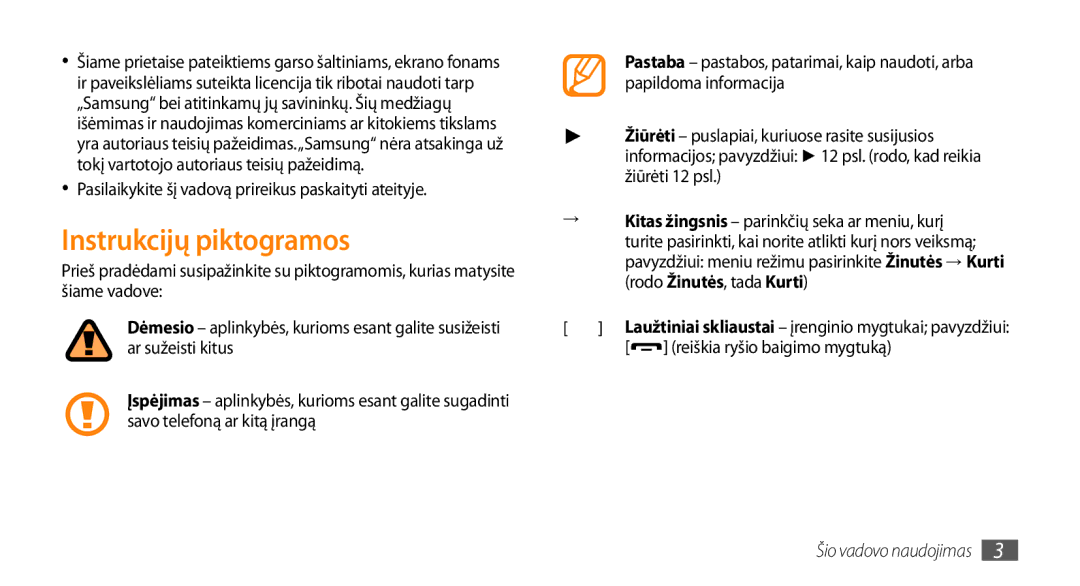 Samsung GT-S5750HKESEB, GT-S5750PWESEB manual Instrukcijų piktogramos, Pasilaikykite šį vadovą prireikus paskaityti ateityje 