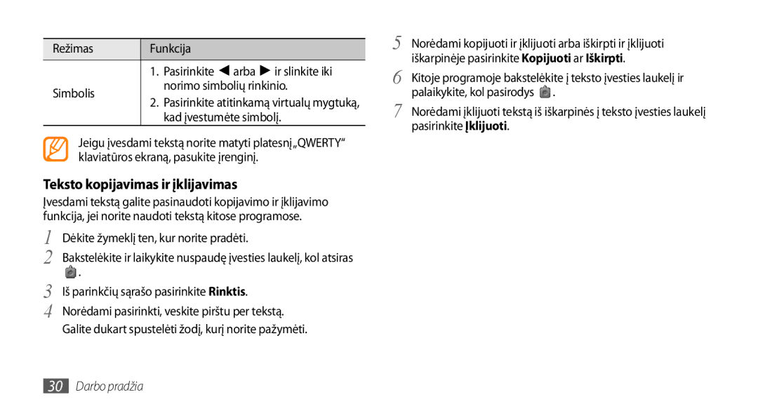 Samsung GT-S5750HKESEB manual Teksto kopijavimas ir įklijavimas, Simbolis Norimo simbolių rinkinio, Kad įvestumėte simbolį 