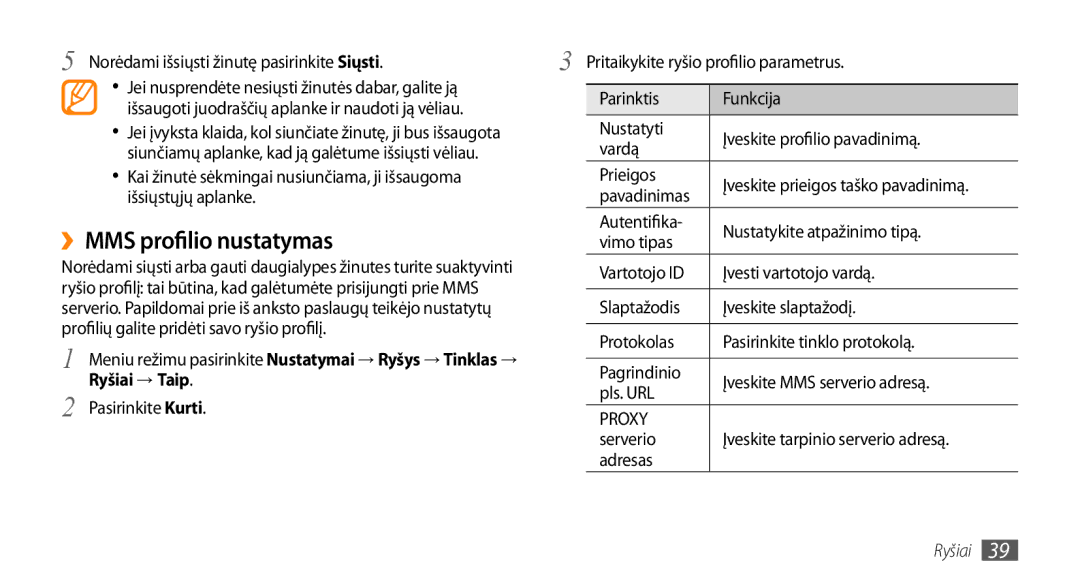 Samsung GT-S5750HKESEB, GT-S5750PWESEB, GT-S5750TIESEB manual ››MMS profilio nustatymas, Ryšiai → Taip 