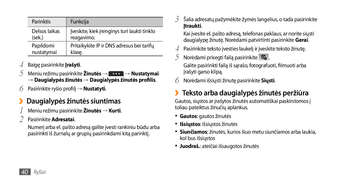 Samsung GT-S5750PWESEB manual ››Teksto arba daugialypės žinutės peržiūra, ››Daugialypės žinutės siuntimas, 40 Ryšiai 