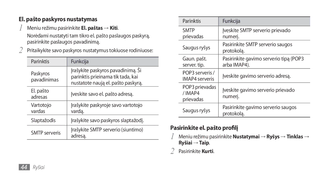 Samsung GT-S5750TIESEB, GT-S5750HKESEB manual El. pašto paskyros nustatymas, Pasirinkite el. pašto profilį, 44 Ryšiai 