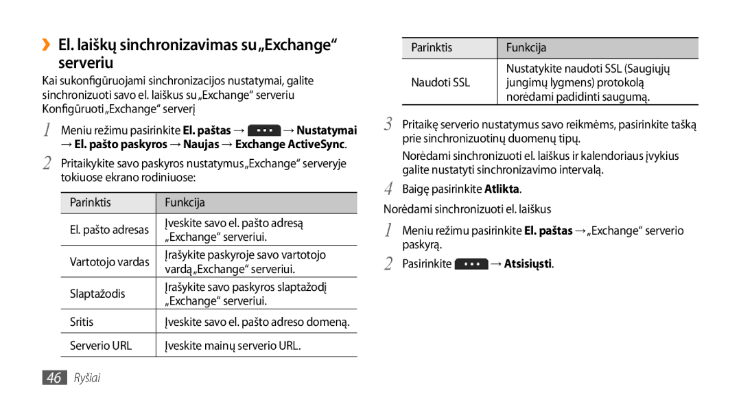 Samsung GT-S5750PWESEB, GT-S5750HKESEB, GT-S5750TIESEB manual ››El. laiškų sinchronizavimas su„Exchange serveriu, 46 Ryšiai 