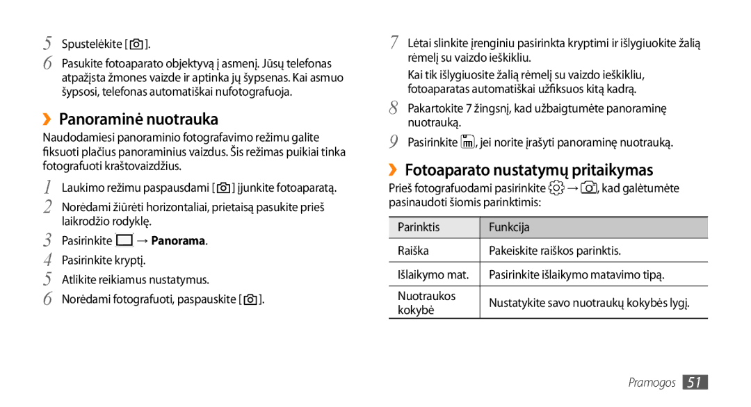 Samsung GT-S5750HKESEB, GT-S5750PWESEB manual ››Panoraminė nuotrauka, ››Fotoaparato nustatymų pritaikymas, → Panorama 