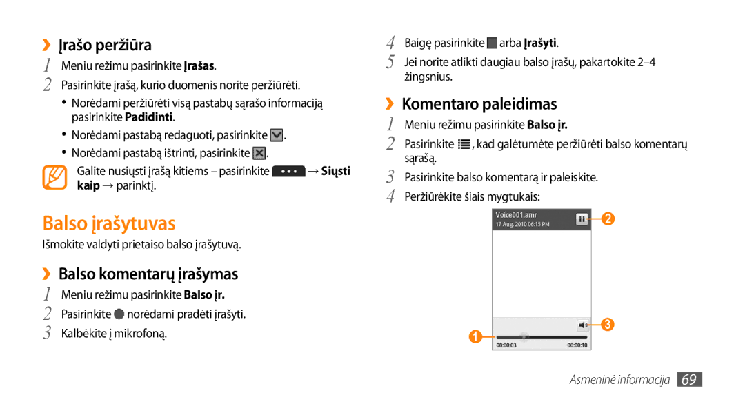 Samsung GT-S5750HKESEB manual Balso įrašytuvas, ››Įrašo peržiūra, ››Balso komentarų įrašymas, ››Komentaro paleidimas 