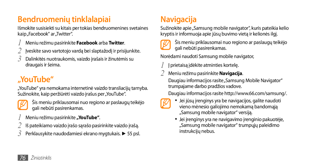 Samsung GT-S5750PWESEB, GT-S5750HKESEB, GT-S5750TIESEB Bendruomenių tinklalapiai, „YouTube, Navigacija, 76 Žiniatinklis 