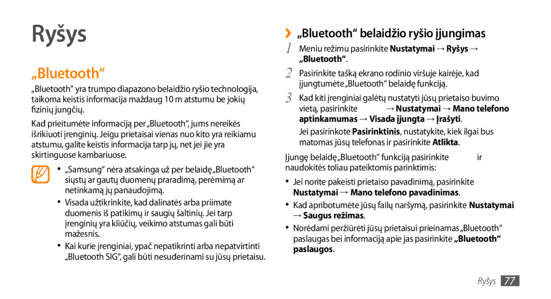 Samsung GT-S5750TIESEB, GT-S5750HKESEB, GT-S5750PWESEB manual Ryšys, ››„Bluetooth belaidžio ryšio įjungimas 