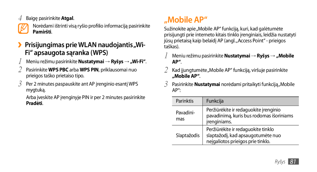 Samsung GT-S5750HKESEB manual Fi apsaugota sąranka WPS, Meniu režimu pasirinkite Nustatymai → Ryšys → „Mobile AP 