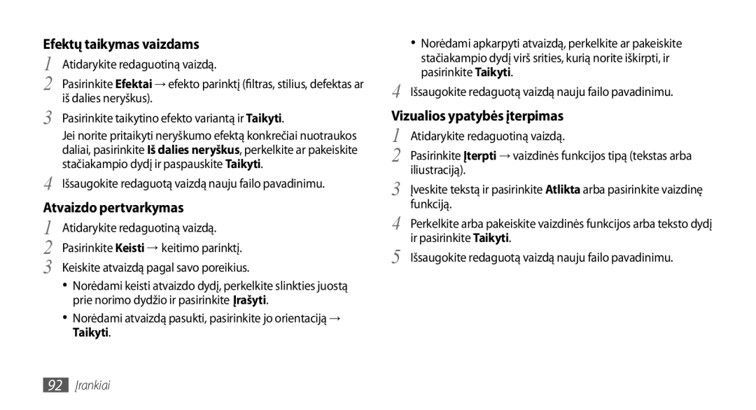 Samsung GT-S5750TIESEB manual Efektų taikymas vaizdams, Atvaizdo pertvarkymas, Vizualios ypatybės įterpimas, 92 Įrankiai 