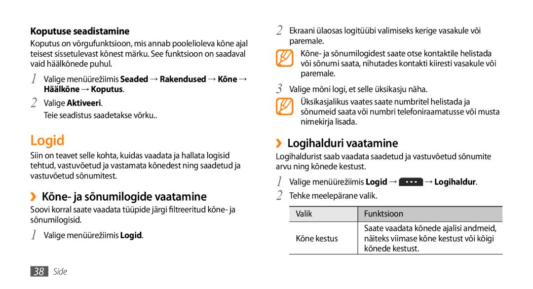 Samsung GT-S5750TIESEB manual Logid, ››Kõne- ja sõnumilogide vaatamine, ››Logihalduri vaatamine, Koputuse seadistamine 