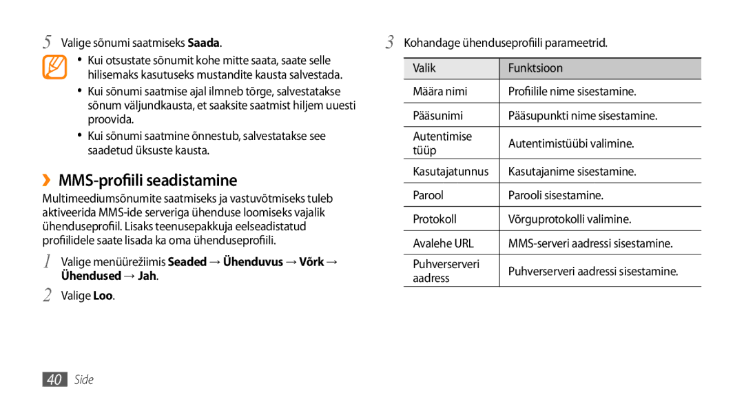 Samsung GT-S5750PWESEB ››MMS-profiili seadistamine, Valige menüürežiimis Seaded → Ühenduvus → Võrk →, Ühendused → Jah 