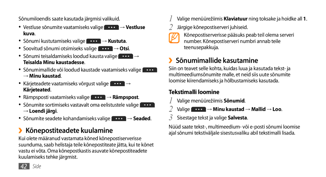 Samsung GT-S5750HKESEB, GT-S5750PWESEB manual ››Kõnepostiteadete kuulamine, ››Sõnumimallide kasutamine, Tekstimalli loomine 