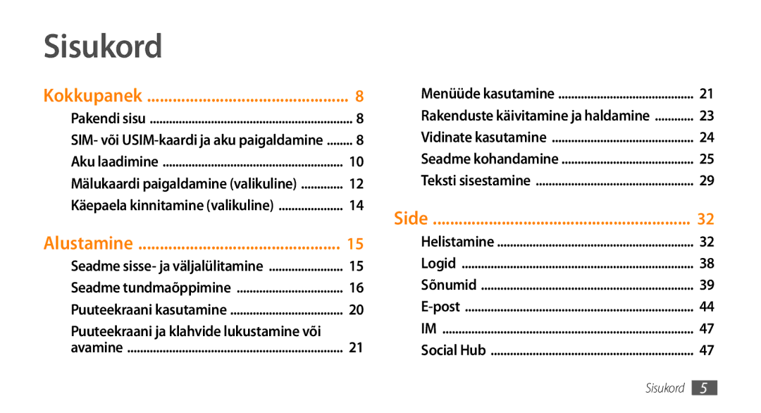 Samsung GT-S5750TIESEB, GT-S5750HKESEB, GT-S5750PWESEB manual Sisukord, Puuteekraani ja klahvide lukustamine või 