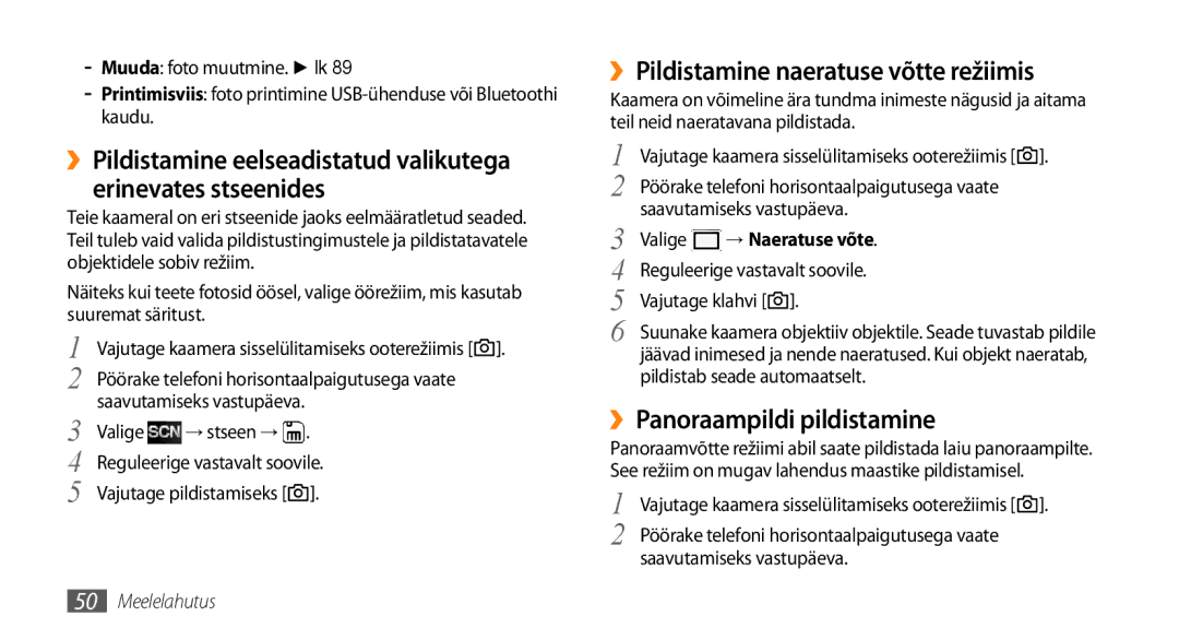 Samsung GT-S5750TIESEB manual ››Pildistamine naeratuse võtte režiimis, ››Panoraampildi pildistamine, → Naeratuse võte 