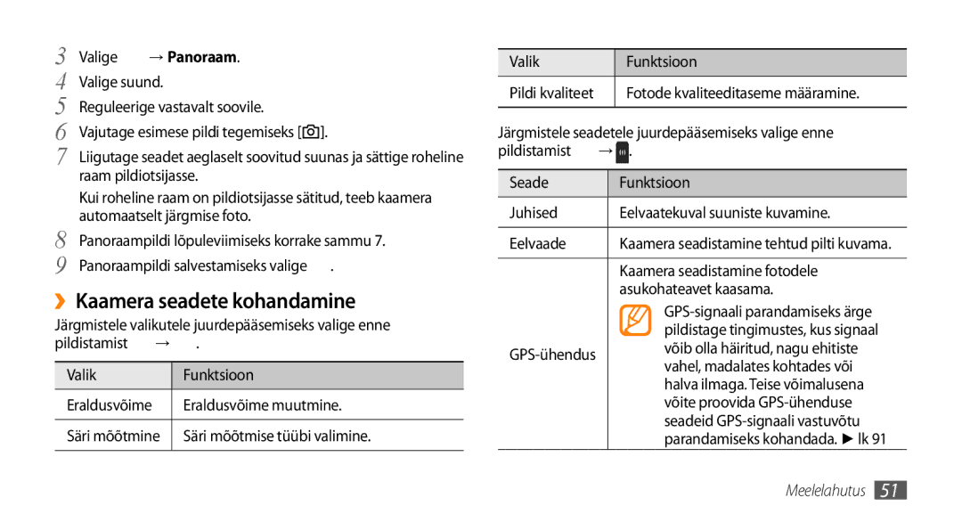 Samsung GT-S5750HKESEB, GT-S5750PWESEB, GT-S5750TIESEB manual ››Kaamera seadete kohandamine, → Panoraam 