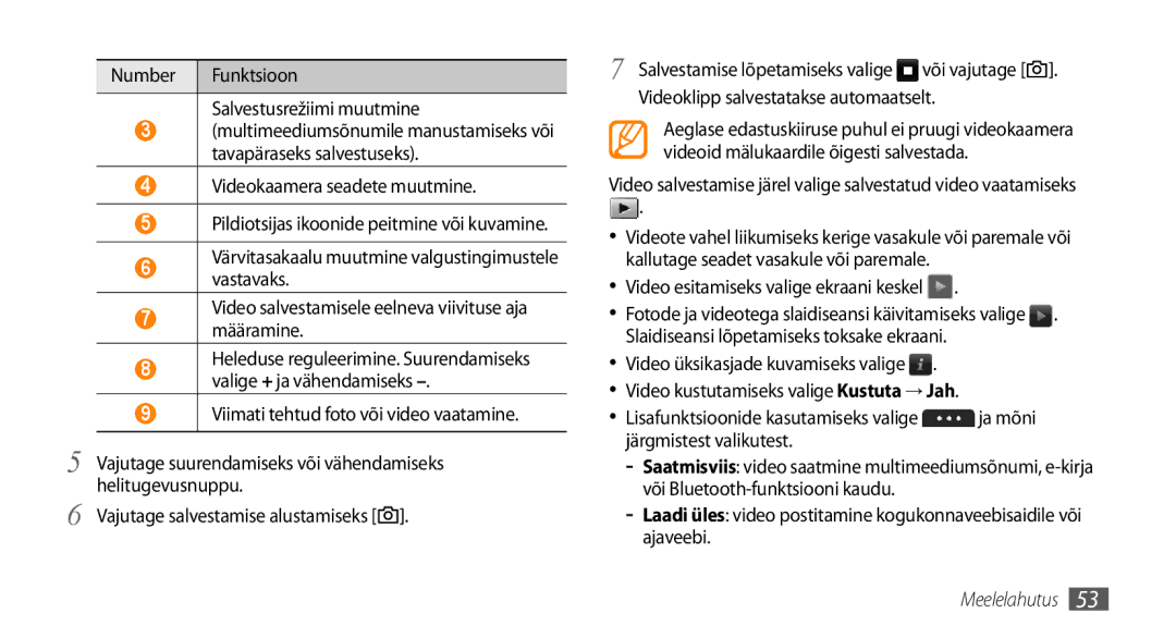 Samsung GT-S5750TIESEB, GT-S5750HKESEB manual Number Funktsioon Salvestusrežiimi muutmine, Videokaamera seadete muutmine 