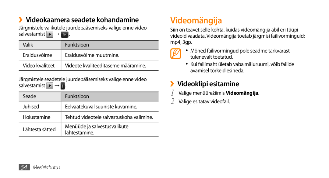 Samsung GT-S5750HKESEB, GT-S5750PWESEB manual Videomängija, ››Videokaamera seadete kohandamine, ››Videoklipi esitamine 