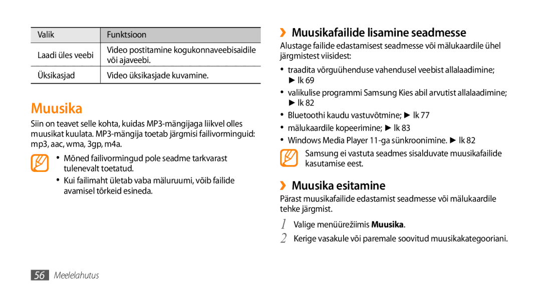 Samsung GT-S5750TIESEB, GT-S5750HKESEB manual ››Muusikafailide lisamine seadmesse, ››Muusika esitamine, Või ajaveebi 