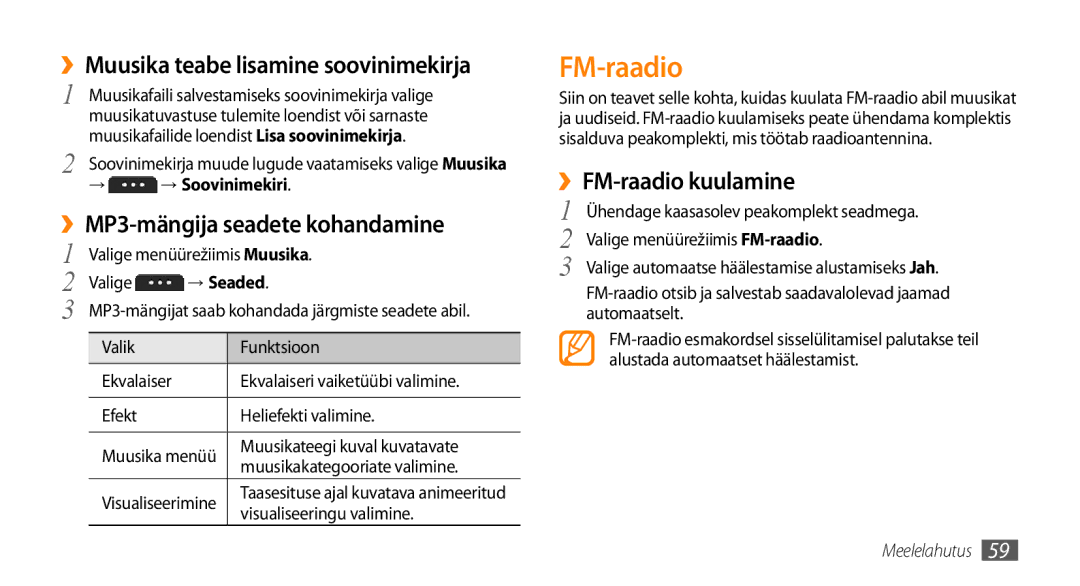 Samsung GT-S5750TIESEB manual FM-raadio, ››Muusika teabe lisamine soovinimekirja, ››MP3-mängija seadete kohandamine 