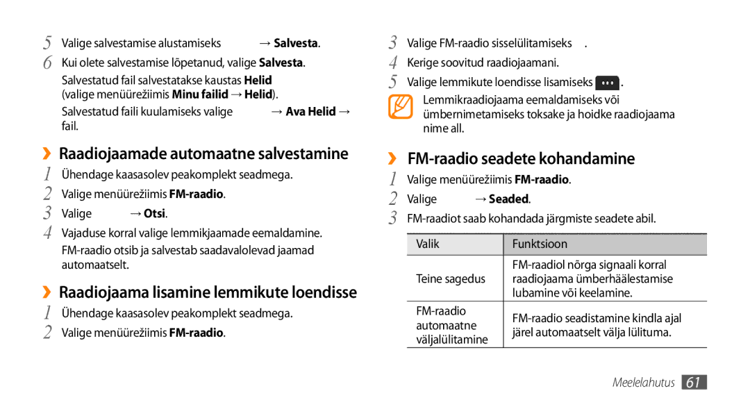 Samsung GT-S5750PWESEB manual ›› FM-raadio seadete kohandamine, ››Raadiojaama lisamine lemmikute loendisse, → Otsi 