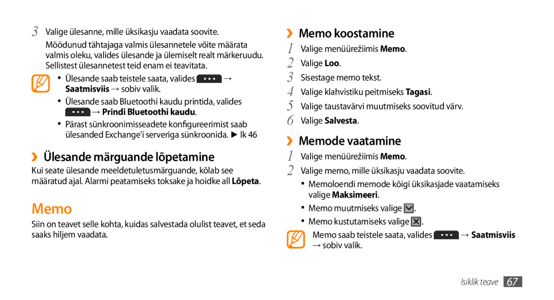 Samsung GT-S5750PWESEB manual ››Ülesande märguande lõpetamine, ››Memo koostamine, ››Memode vaatamine, Valige Maksimeeri 