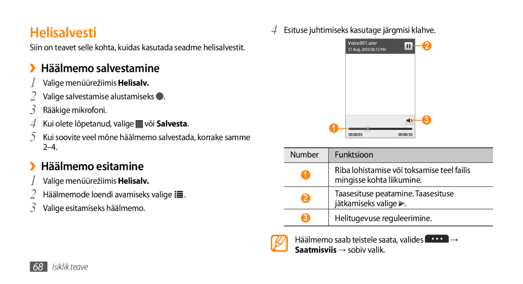 Samsung GT-S5750TIESEB manual Helisalvesti, ››Häälmemo salvestamine, ››Häälmemo esitamine, Valige menüürežiimis Helisalv 