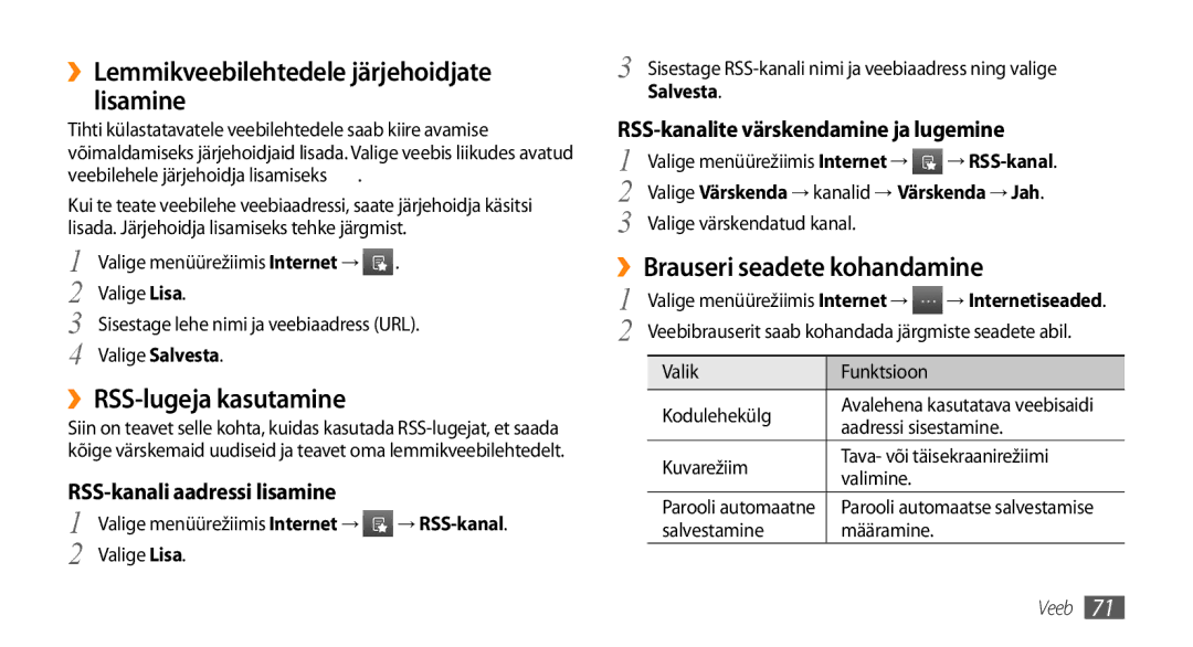 Samsung GT-S5750TIESEB, GT-S5750HKESEB manual ››Lemmikveebilehtedele järjehoidjate lisamine, ››RSS-lugeja kasutamine 