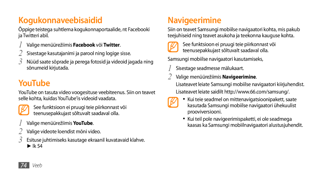 Samsung GT-S5750TIESEB, GT-S5750HKESEB, GT-S5750PWESEB manual Kogukonnaveebisaidid, YouTube, Navigeerimine 