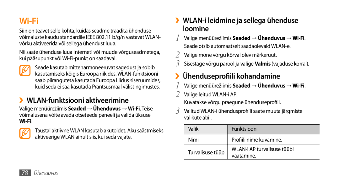 Samsung GT-S5750HKESEB manual Wi-Fi, ››WLAN-funktsiooni aktiveerimine, ››WLAN-i leidmine ja sellega ühenduse loomine 