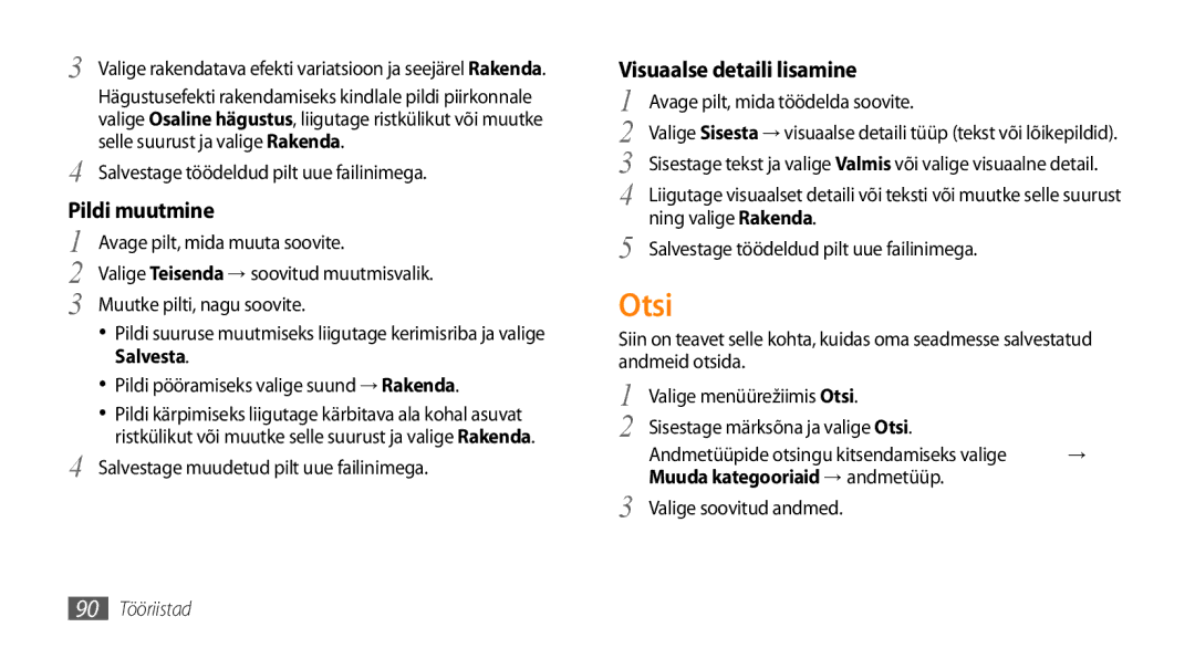 Samsung GT-S5750HKESEB, GT-S5750PWESEB, GT-S5750TIESEB manual Otsi, Pildi muutmine, Visuaalse detaili lisamine 