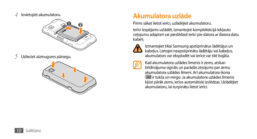 Samsung GT-S5750PWESEB, GT-S5750HKESEB manual Akumulatora uzlāde, Ievietojiet akumulatoru Uzlieciet aizmugures pārsegu 