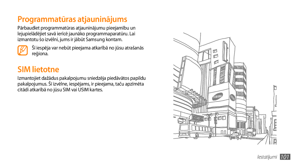 Samsung GT-S5750TIESEB, GT-S5750HKESEB, GT-S5750PWESEB manual Programmatūras atjauninājums, SIM lietotne 