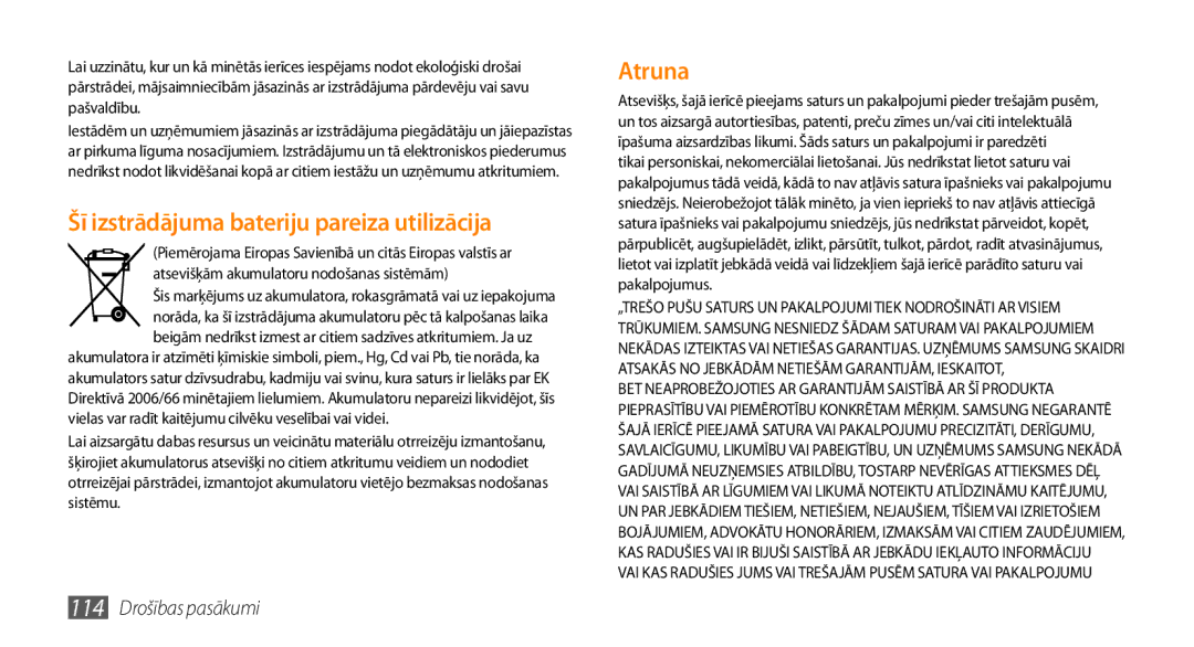 Samsung GT-S5750HKESEB, GT-S5750PWESEB, GT-S5750TIESEB Šī izstrādājuma bateriju pareiza utilizācija, 114 Drošības pasākumi 