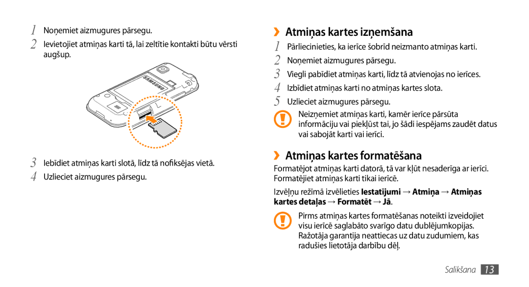 Samsung GT-S5750PWESEB, GT-S5750HKESEB, GT-S5750TIESEB manual ››Atmiņas kartes izņemšana, ››Atmiņas kartes formatēšana 