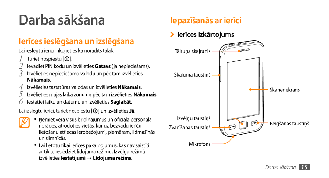 Samsung GT-S5750HKESEB manual Darba sākšana, Ierīces ieslēgšana un izslēgšana, Iepazīšanās ar ierīci, ››Ierīces izkārtojums 